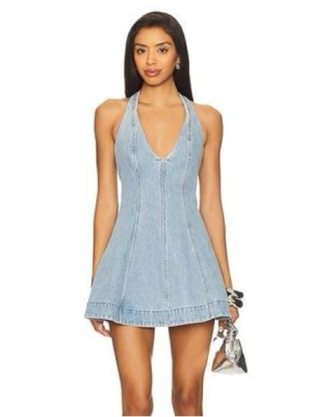 NWT 1 Sunset Lane Light Blue Wash Denim Halter Mini Dress Tie Back A-Line Flare